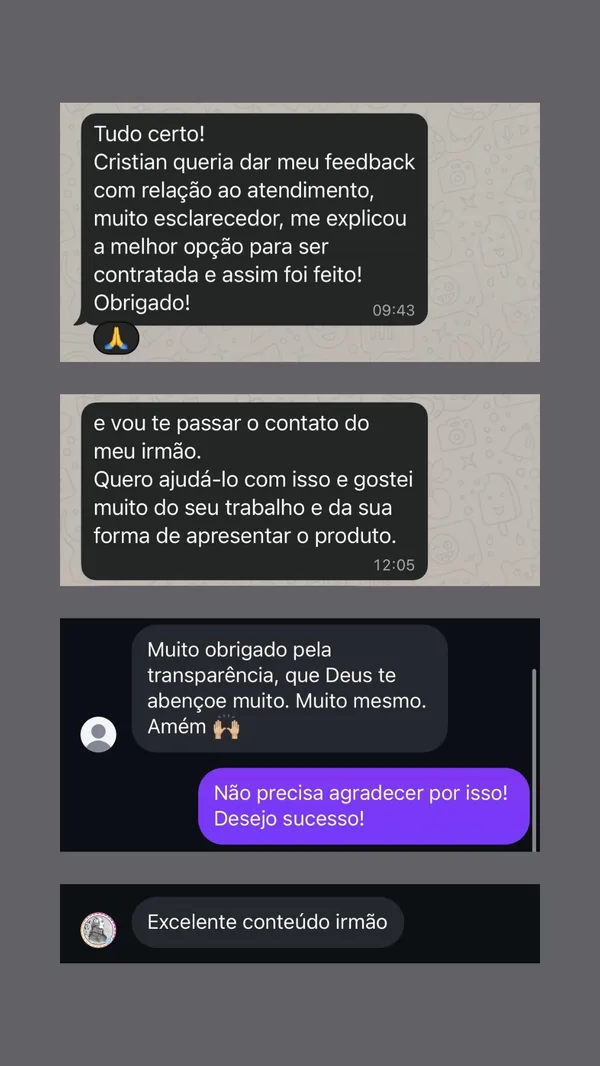Depoimento de cliente sobre sinceridade e transparência